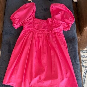 English Factory Poplin Ruched Puff Sleeve Mini Dress in Hot Pink, Size L
